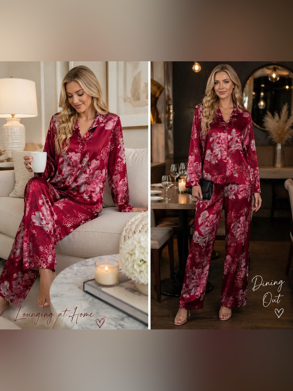 🌸 Elegant Satin Floral Lounge Set – Size Large 🌸